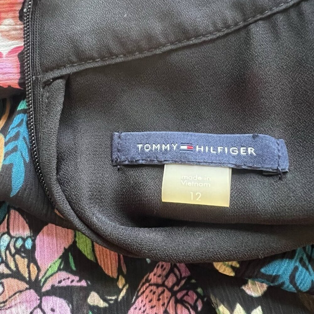 Tommy Hilfiger Black Floral Chiffon Sleeveless Zip Trapeze Dress 12 boho No Belt - Picture 7 of 10